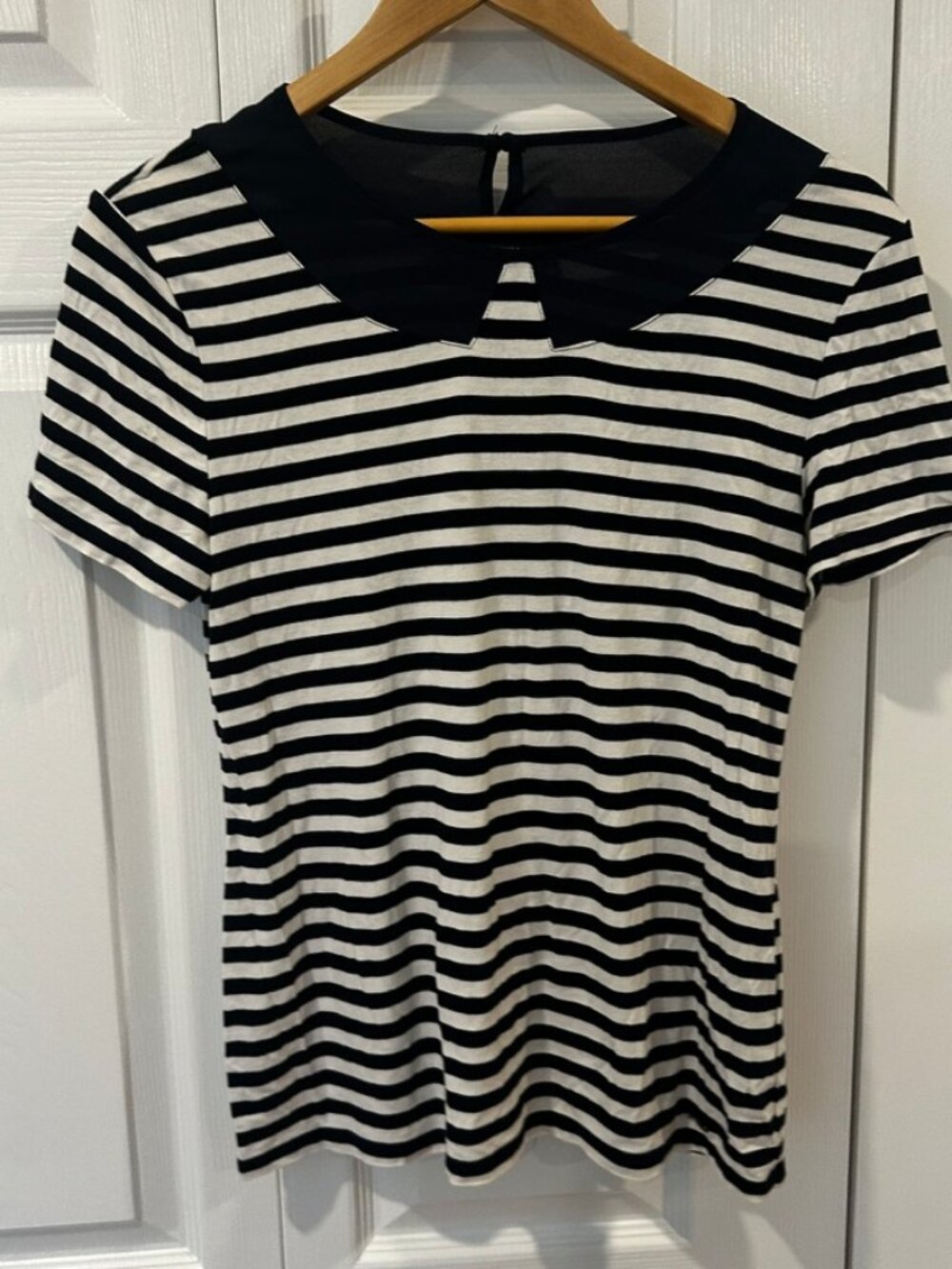 Tommy Hilfiger Black White Striped Top Mesh Yoke Stretch Tee Medium